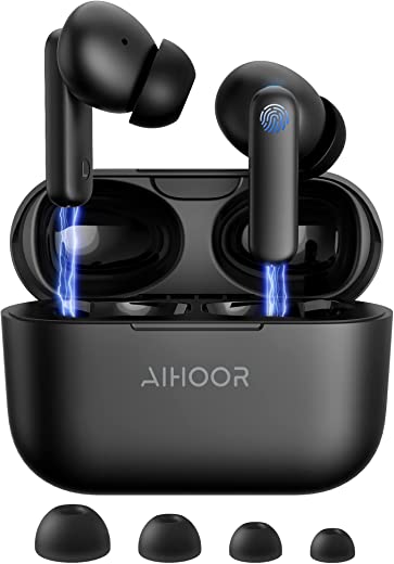 AIHOOR Wireless Earbuds for iOS & Android Phones, Bluetooth 5.0 in-Ear Headphones with Extra Bass, Built-in Mic, Touch Control, USB Charging Case,…