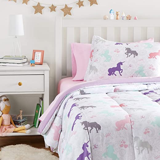 Amazon Basics Easy Care Super Soft Microfiber Kid’s Bed-in-a-Bag Bedding Set – Twin, Purple Unicorns