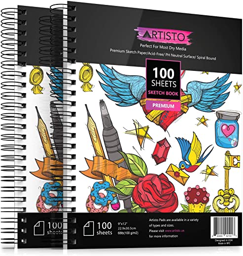 Artisto 9×12″ Premium Sketch Book Set, Spiral Bound, Pack of 2, 200 Sheets (100g/m2), Acid-Free Drawing Paper, Ideal for Kids, Teens & Adults.