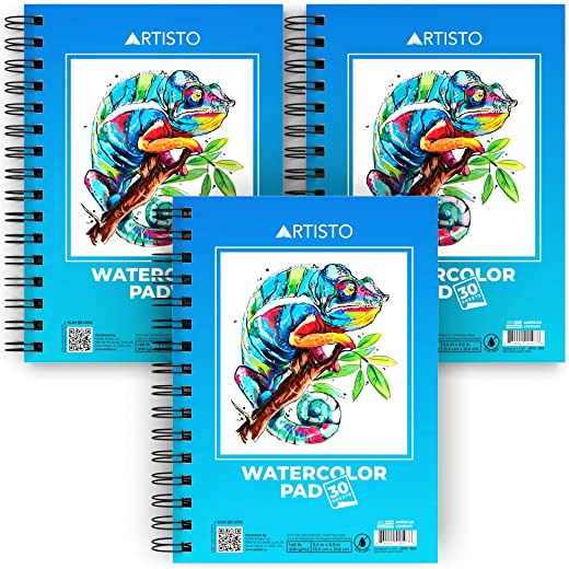 Artisto Watercolor Pads 5.5×8.5”, Pack of 3 (90 Sheets), Spiral Bound, Acid-Free Paper, 140lb (300gsm), Perfect for Most Wet & Dry Media, Ideal for…