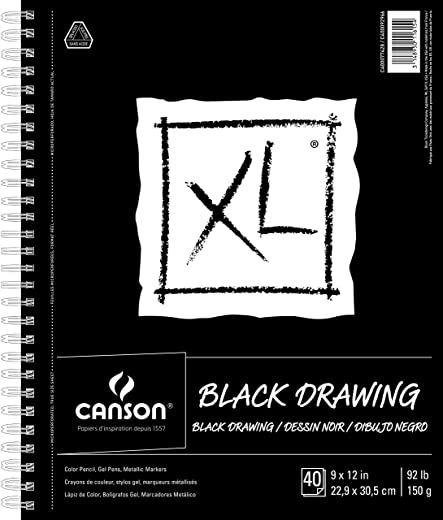 Canson XL Series Black Drawing Paper for Pencil, Acrylic Marker, Opaque Inks, Gouache and Pastels, Side Wire, 92 Pound, 9 x 12 Inch, Black, 40 Sheets