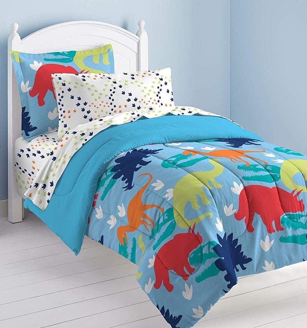 dream FACTORY Kids 5-Piece Complete Set Easy-Wash Super Soft Comforter Bedding, Twin, Multicolor Dinosaur Prints