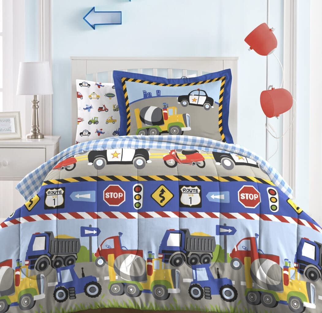 Dream Factory Trucks Tractors Cars Boys 5-Piece Bedding Comforter Sheet Set, Twin, Blue Red Multi
