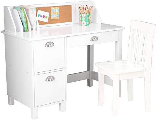 KidKraft Wooden Study Desk for Children with Chair, Bulletin Board and Cabinets, White, Gift for Ages 5-10