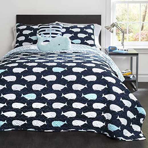 Lush Decor Whale Kids Reversible 4 Piece Quilt Bedding Set with Sham and Decorative Throw Pillows, Twin, Navy