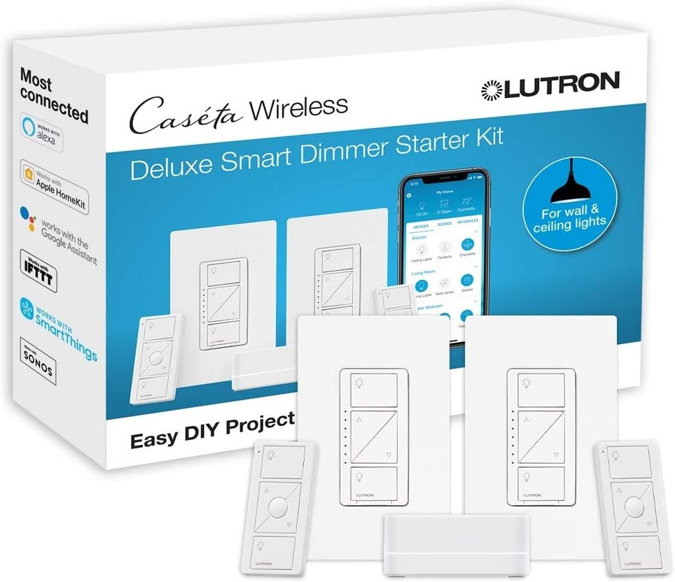 Lutron Caseta Deluxe Smart Dimmer Switch (2 Count) Kit | Works with Alexa, Apple HomeKit, and the Google Assistant | P-BDG-PKG2W-A | White