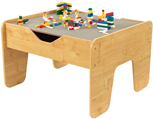Reversible Wooden Activity Table with Board with 195 Building Bricks – Gray & Natural, Gift for Ages 3+