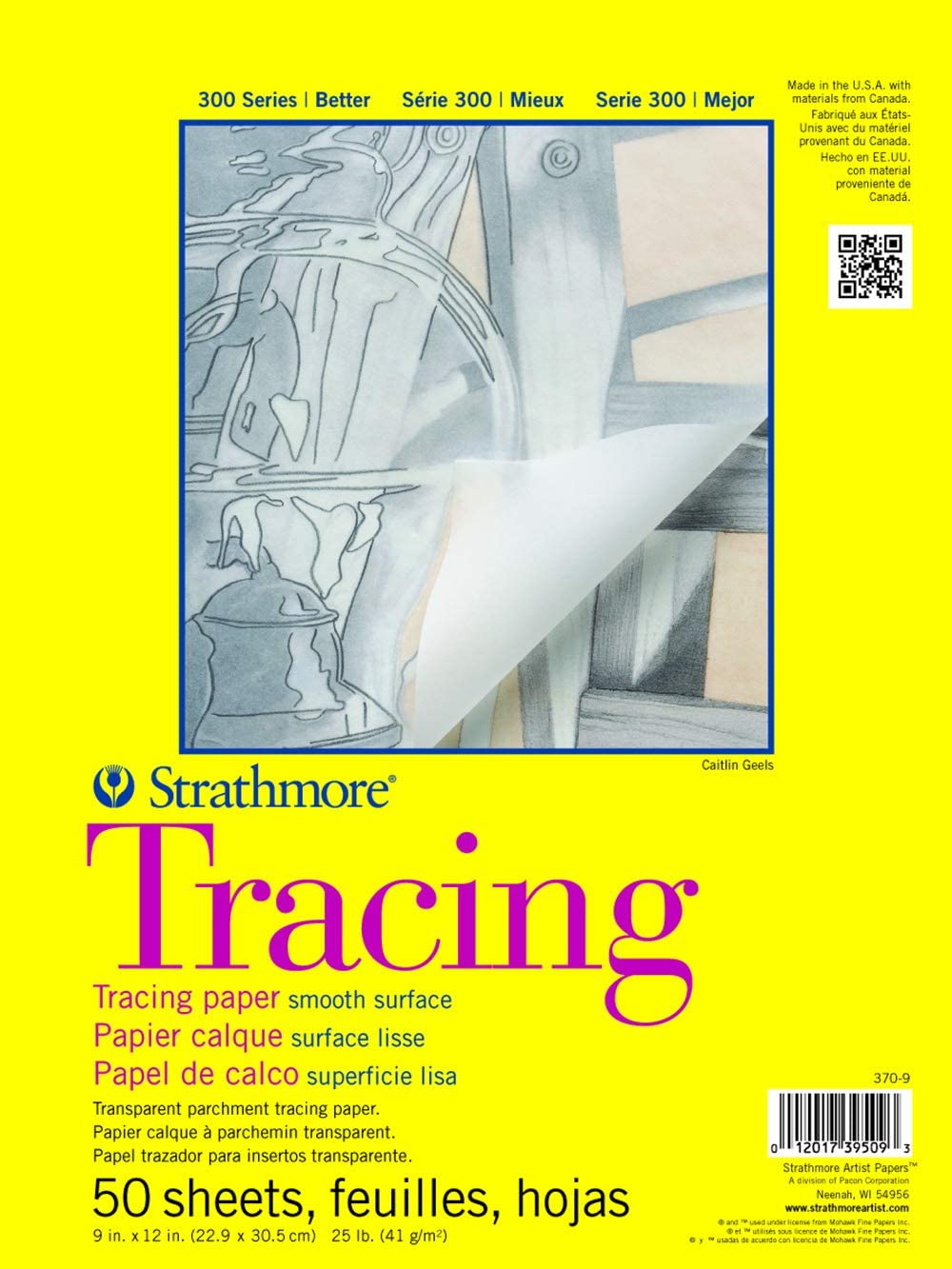 Strathmore 370-9 300 Series Tracing Pad, 9″x12″ Tape Bound, 50 Sheets,White.