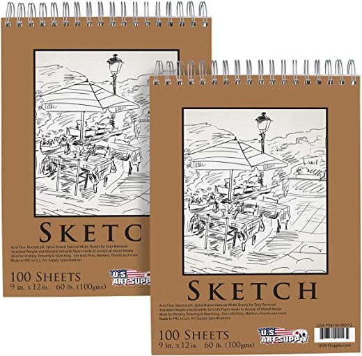 U.S. Art Supply 9″ x 12″ Premium Spiral Bound Sketch Pad, (Pack of 2 Pads) Each Pad has 100-Sheets, 60 Pound (100gsm) (Pack of 2 Pads)