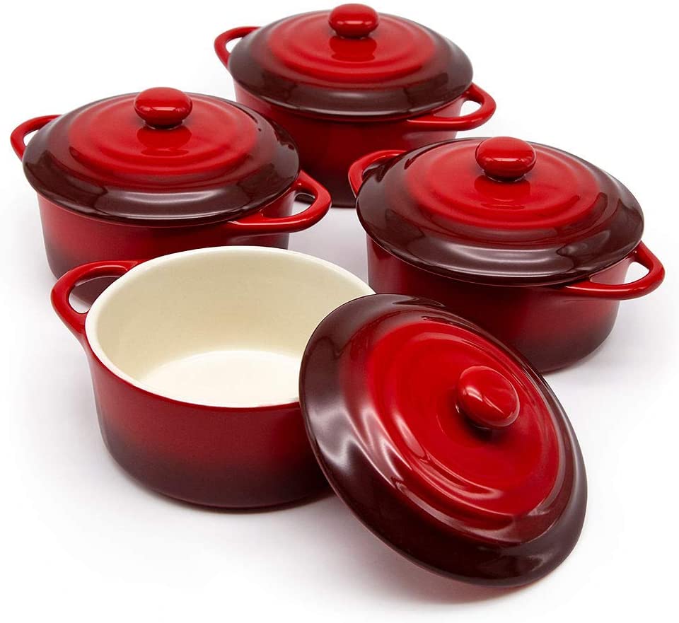 12oz Mini Cocotte, by Kook, Casserole Dish, Ceramic Make, Easy to Lift Lid, Crimson Red, Set of 4,