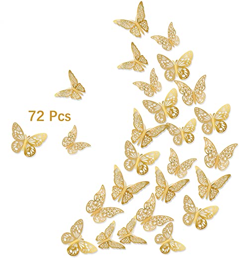 3D Gold Butterfly Wall Decals, 72Pcs 3 Sizes 3 Styles, Removable Srickers Wall Deccor Room Mural for Party Cake Decoration Metallic Fridge Sticker…