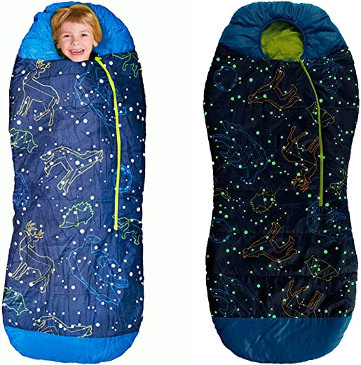 AceCamp Glow in The Dark Mummy Sleeping Bag for Kids and Youth, Temperature Rating 30°F/-1°C, Water-Resistant for Camping, Hiking, and Slumber Party