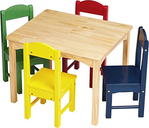 Amazon Basics Kids Wood Table and 4 Chair Set, Natural Table, Assorted Color Chairs