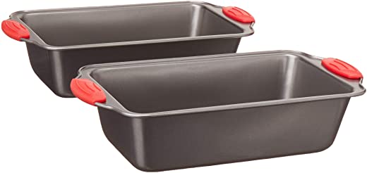 Amazon Basics Non-Stick Loaf Pan, 9 x 5-Inch, Gray with Red Grips, 2-Pack