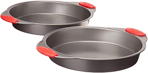 Amazon Basics Non-Stick, Round Cake Pan, 9-Inch, Gray with Red Grips, 2-Pack