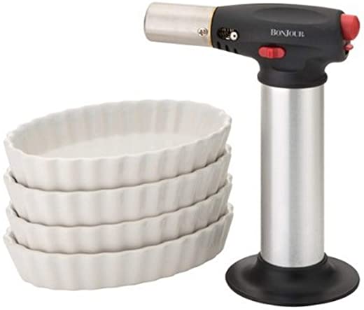 BonJour Chef’s Tools Butane Crème Brûlée Torch and Porcelain Ramekin Set, 5-Piece, Stainless Steel, One Size – 53489