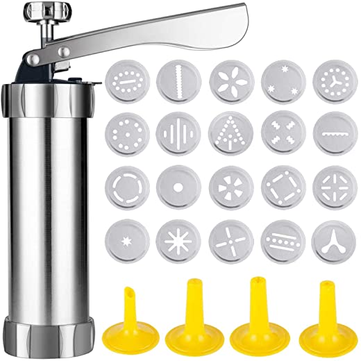 Cookie Press Machine Stainless Steel Biscuit Maker and Churro Maker with 20 Discs and 4 Icing Tips