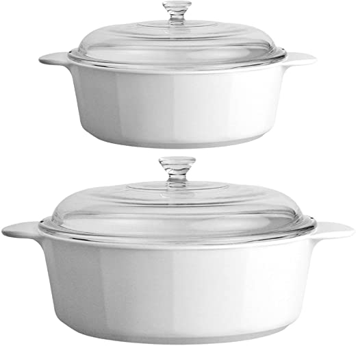 CorningWare 3.5 & 2.5 Quart (3.25 & 2.25 Liter) 2 Dimensions 4-Piece Set Casserole Dishes Glass W/Lid Pyroceram Classic Cooking Pot with Handles &…