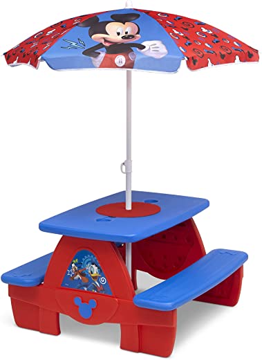 Delta Children 4 Seat Activity Picnic Table with Umbrella and Lego Compatible Tabletop, Mickey Mouse
