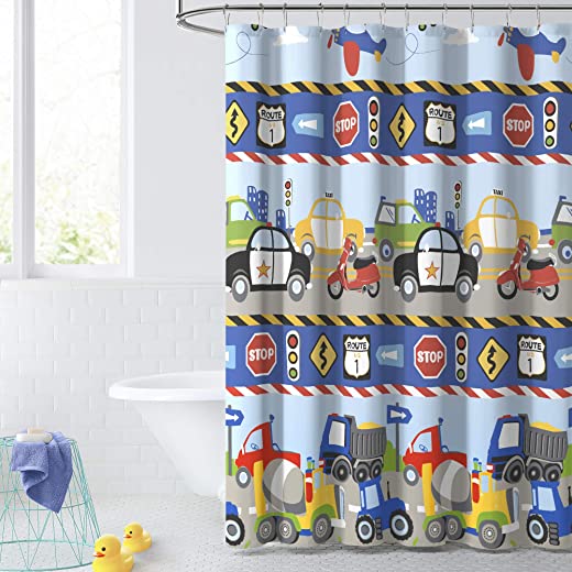 dream FACTORY Kids Fabric Shower Curtain for Bathroom, 72 in x 72 in (W x L), Blue Red Trains and Trucks