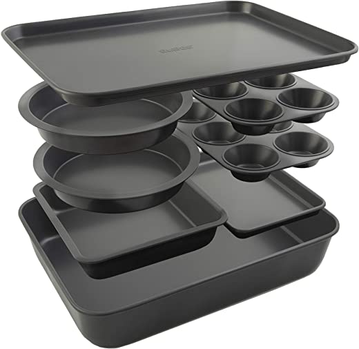 Elbee Home 8-Piece Nonstick Aluminized Steel, Space Saving Baking Set, With Deep Roasting Pan, Cookie Sheet, Cake Pans, Muffin Pans and Baking Pan