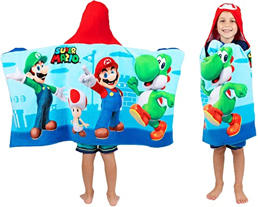 Franco Kids Bath and Beach Soft Cotton Terry Hooded Towel Wrap, 24 in x 50 in, Super Mario