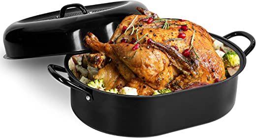 Granite Stone Oval Roaster Pan, Large 19.5” Ultra Nonstick Roasting Pan with Lid, Grooved Bottom for Basting, Broiler Pan for Oven, Dishwasher…