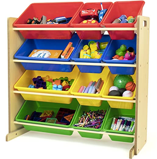 Humble Crew, Natural/Primary Kids’ Toy Storage Organizer with 12 Plastic Bins