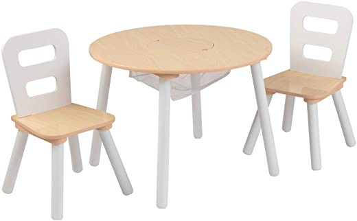 KidKraft Wooden Round Table & 2 Chair Set with Center Mesh Storage – Natural & White, Gift for Ages 3-6 23.5 x 23.5 x 17.3