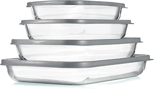 NutriChef 4 Sets Glass Bakeware – High Borosilicate Rectangular Glass Baking Dish w/ Gray BPA-Free PE Lids, Freezer-to-Oven Home Kitchen Bake…