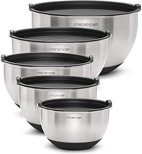 PriorityChef Premium Mixing Bowls With Lids, Inner Measurement Marks and Thicker Stainless Steel 5 Pc Bowl Set, Sizes 1.5/2/3/4/5 Qt