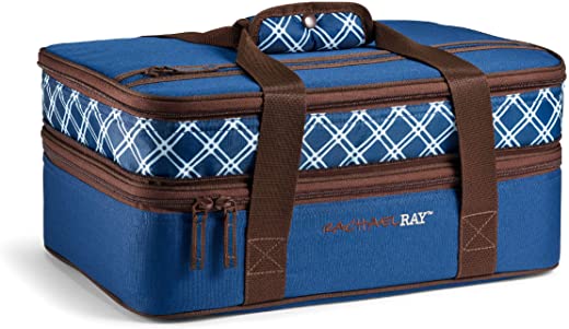 Rachael Ray Expandable Lasagna Lugger Insulated Casserole Carrier, Fits 9″x13″ Baking Dish, Plaid Navy