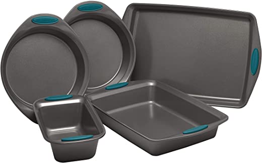 Rachael Ray Nonstick Bakeware Set with Grips includes Nonstick Baking Pans, Baking Sheet and Nonstick Bread Pan – 5 Piece, Gray with Marine Blue…