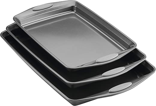 Rachael Ray Nonstick Bakeware Set with Grips, Nonstick Cookie Sheets / Baking Sheets – 3 Piece, Gray with Sea Salt Gray Grips