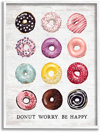 Stupell Industries Donut Worry Be Happy Pun Glazed Farmhouse Desserts, Designed by Lettered and Lined White Framed Wall Art, 11 x 14, Multi-Color