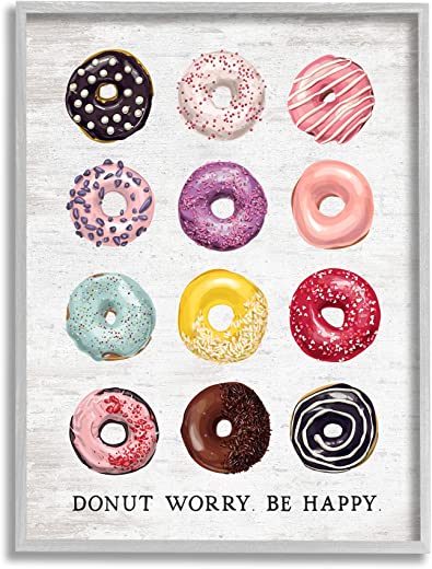 Stupell Industries Donut Worry Be Happy Pun Glazed Farmhouse Desserts, Designed by Lettered and Lined Gray Framed Wall Art, 11 x 14, Multi-Color