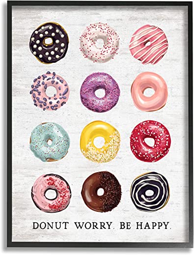 Stupell Industries Donut Worry Be Happy Pun Glazed Farmhouse Desserts, Designed by Lettered and Lined Black Framed Wall Art, 16 x 20, Multi-Color