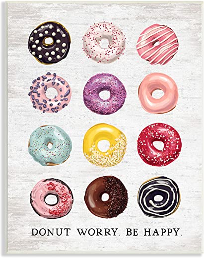 Stupell Industries Donut Worry Be Happy Pun Glazed Farmhouse Desserts, Designed by Lettered and Lined Wall Plaque, 13 x 19, Multi-Color