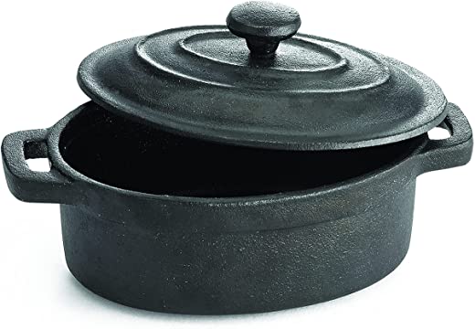 TableCraft Cast Iron Mini Oval Casserole with Lid Cookware, 8-Ounce, Black