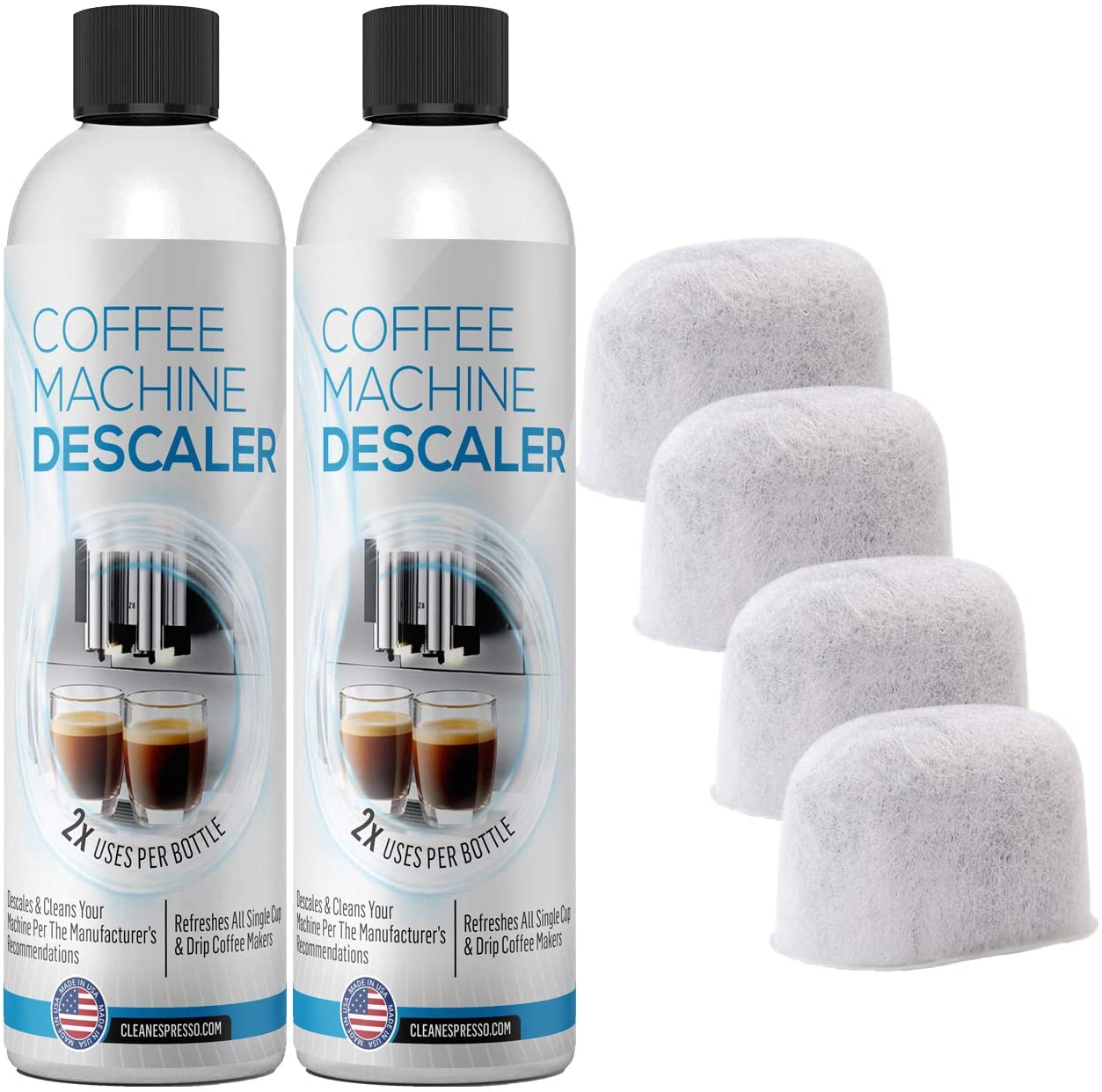 (4+4) 4-Use Coffee Machine Descaling Solution Plus 4 Filters – Universal Descaler Concentrate for All Keurig 1.0 & 2.0 K-Cup Pod Machines and…
