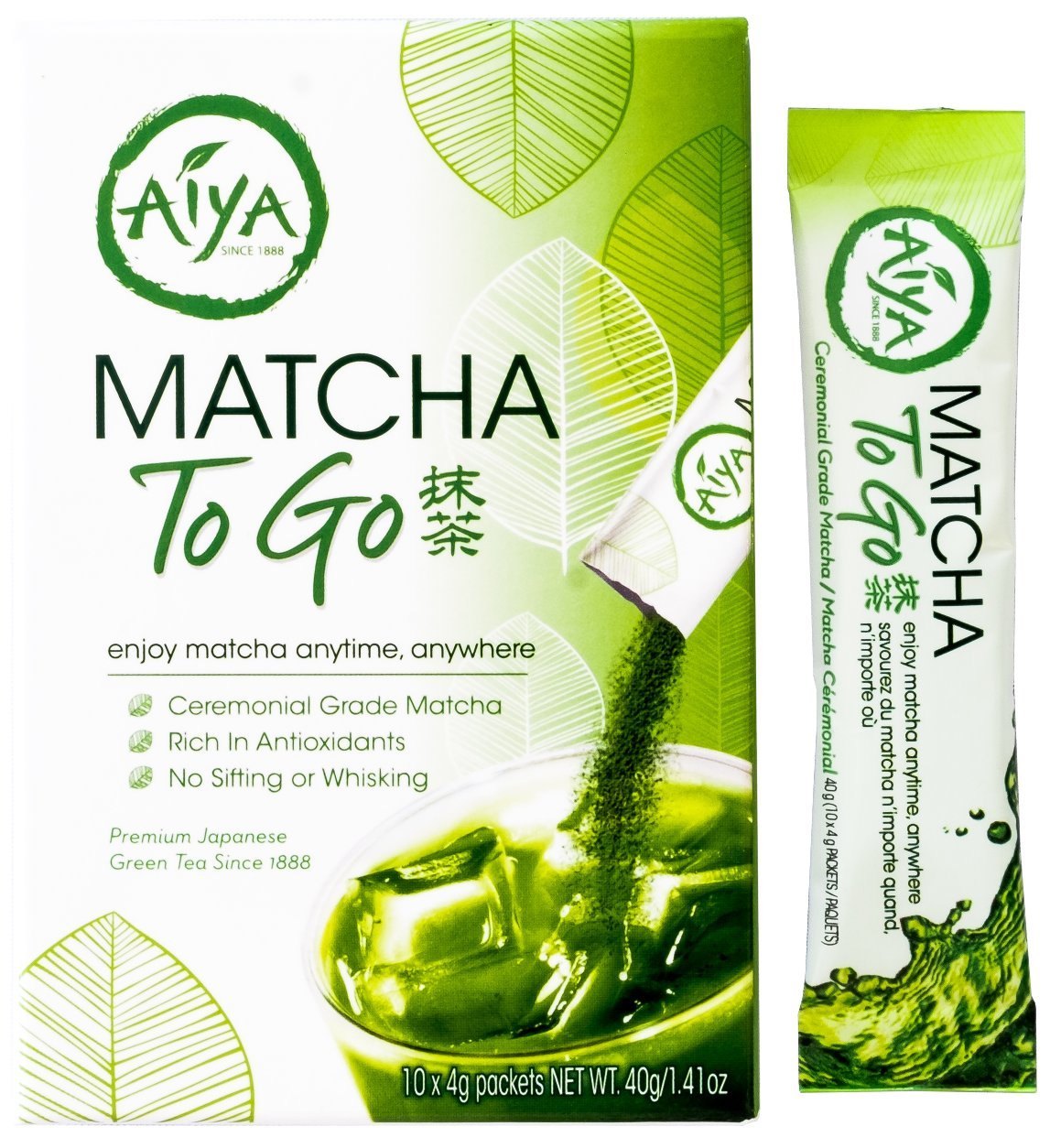 Aiya Matcha To Go Single Serve Packs – Ceremonial Grade Pure Matcha Green Tea Powder (10 Count)