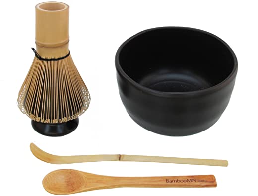 BambooMN Brand – Matcha Bowl Set (Includes Bowl, Rest,Tea Whisk, Chasaku, & Tea Spoon) 1 Set Black