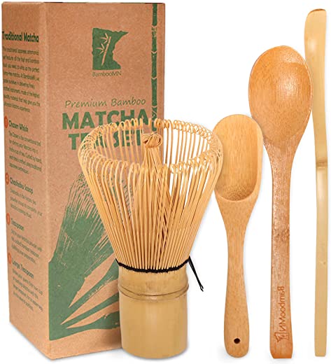BambooMN Matcha Whisk Set – Golden Chasen (Tea Whisk) + Chashaku (Hooked Bamboo Scoop) + Tea Spoon – 1 Set – Premium Matcha Set to Prepare a…