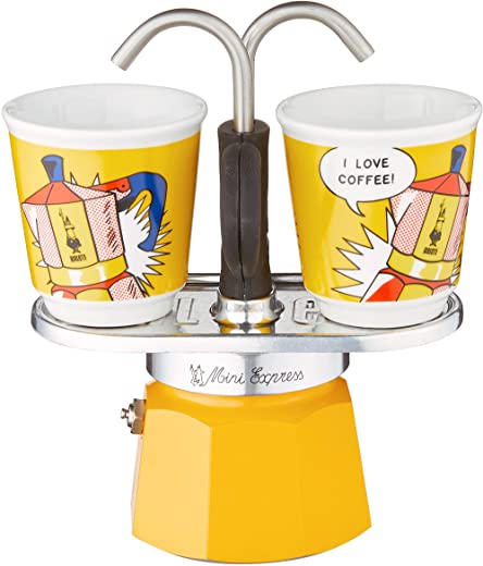 Bialetti – Mini Express Lichtenstein: Moka Set includes Coffee Maker 2-Cup (2.8 Oz) + 2 shot glasses, Yellow, Aluminium