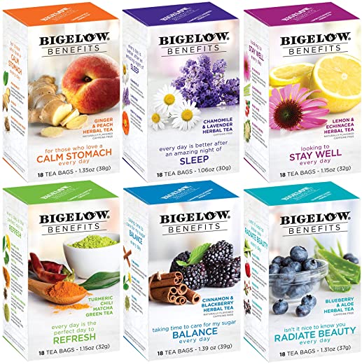 Bigelow Tea Benefits Wellness Teabag Variety Pack, Mixed Caffeinated Green Matcha & Caffeine-Free Herbal Tea, 18 Count Box (Pack of 6) 108 Tea Bags…