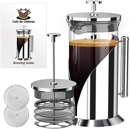 Cafe Du Chateau French Press Coffee Maker – Heat Resistant Borosilicate Stainless Steel Coffee Press with 4 Level Filter – Brew Coffee and Tea -…