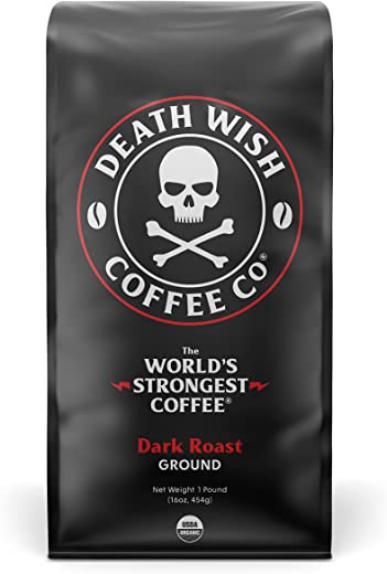 DEATH WISH COFFEE Ground Coffee Dark Roast [16 oz.] The World’s Strongest Coffee – Organic, Fair Trade, Strong Coffee Grounds from Arabica, Robusta…