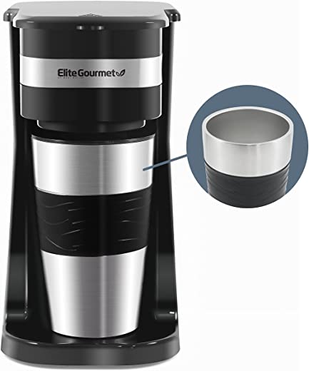 Elite Gourmet EHC111A Maxi-Matic Personal 14oz Single-Serve Compact Coffee Maker Brewer, Includes Stainless Steel Interior Thermal Travel Mug,…