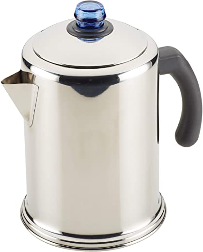 Farberware Classic Stainless Steel Coffee Percolator, 12 Cup, Silver with Glass Blue Knob