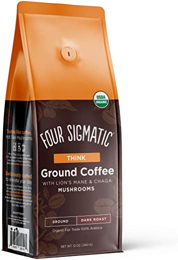 Four Sigmatic Mushroom Ground Coffee, Organic and Fair Trade Coffee with Lions Mane, Chaga, & Mushroom Powder, Focus & Immune Support, 12 Oz Pack…